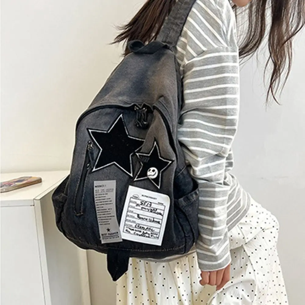 New Original Denim Star Backpack Versatile Travel Bag For High School Students Double Shoulder Bag Vintage Feeling