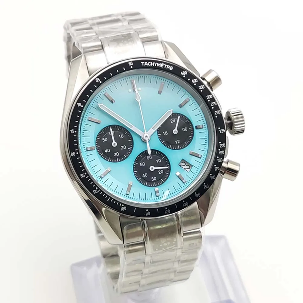 Orologio cronografo sportivo casual da uomo al quarzo da 40 mm, cassa argentata e nera resistente all'acqua in acciaio inossidabile, movimento VK63