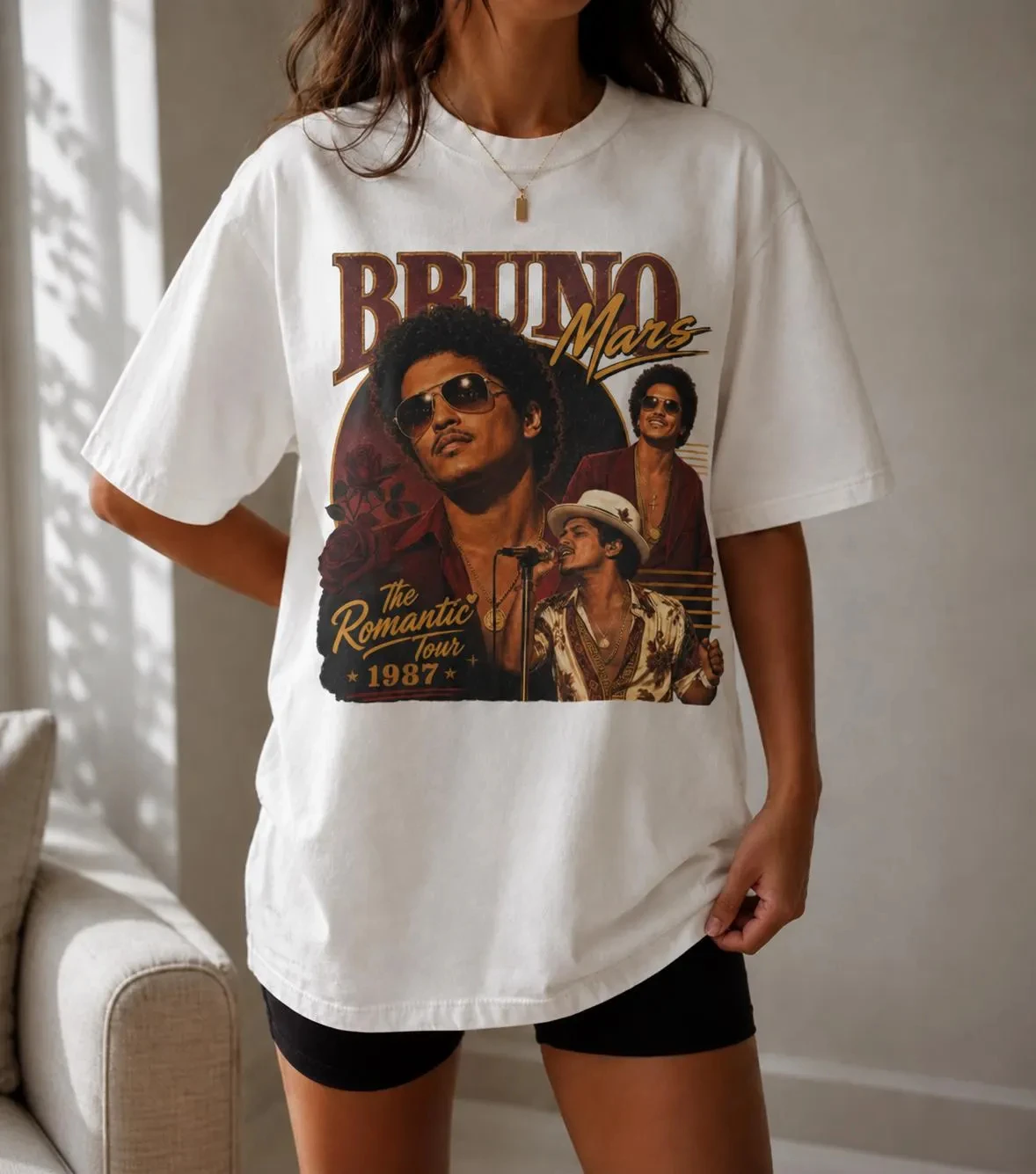 1987 Romantic Tour Vintage Graphic T-Shirt Bruno Mars Retro Singer Concert Oversized Comfort Cotton Music Tee