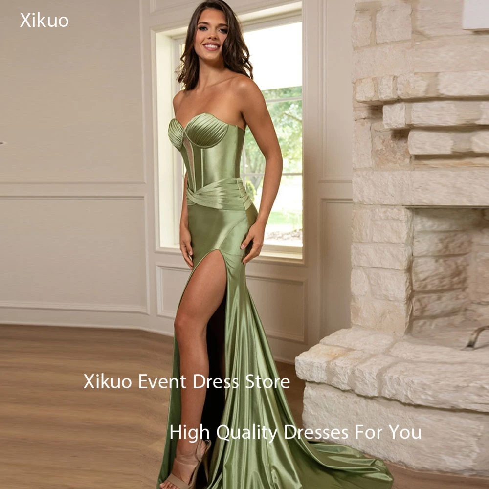 

Xikuo Formal Green Satin Prom Party Gown Mermaid Sweetheart Happy Evening Gowns High Side Slit Cocatail Evening Dress Customized
