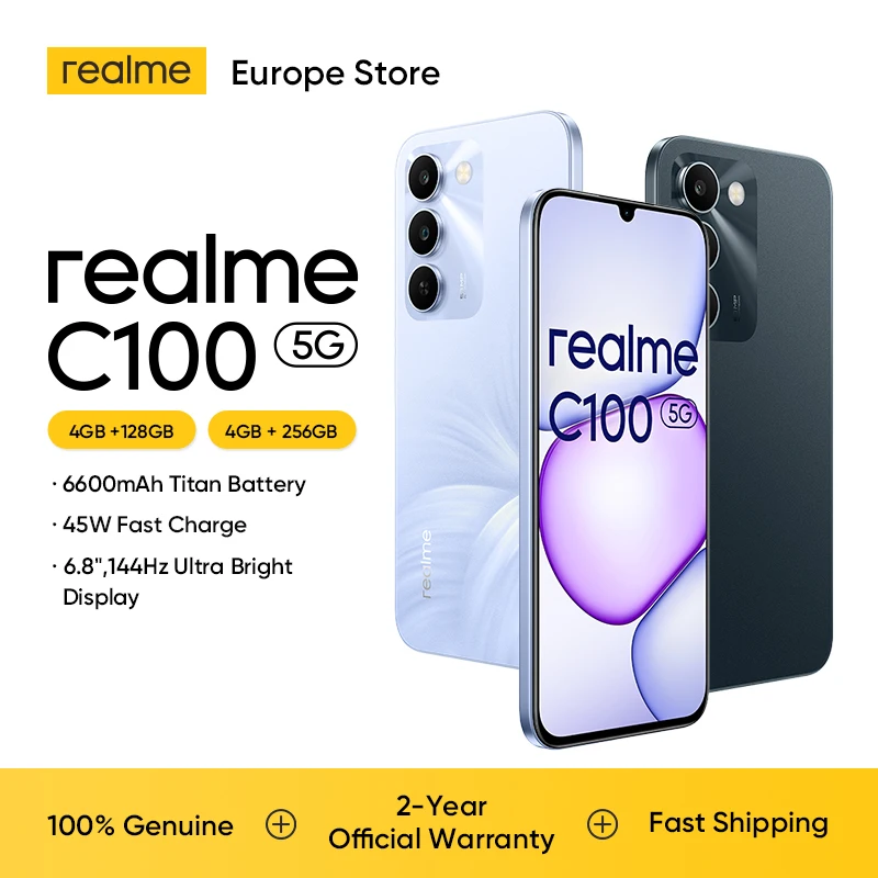 Smartphone realme C100 5G, batterie Titan 6600 mAh, (18+6) Go de RAM + 256 Go, écran 144 Hz, résistance militaire, charge 45 W, appareil photo IA 50 MP, double SIM Android 16, design Blooming