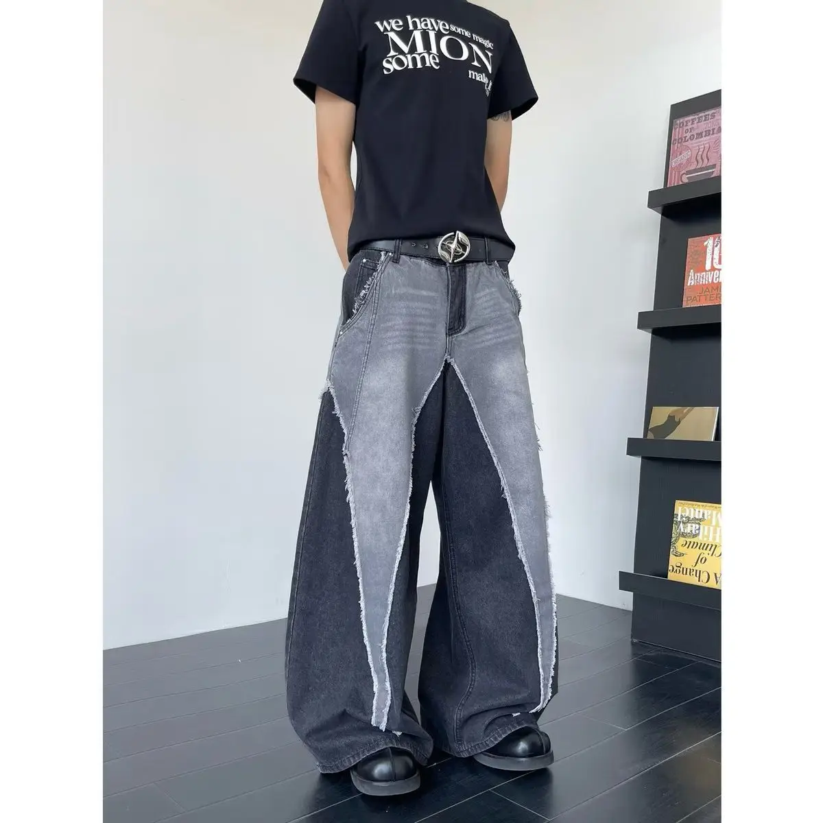 Men's Color Blocking Splicing Jeans Casual Wide Legs Sweatpants Cool Boy Summer Bottom Male High Waist Unisex Baggy Y2k Trousers