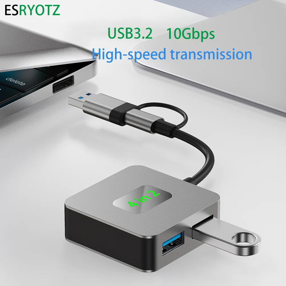 ESRYOTZ USB A 10Gbps Hub 4-Port SuperSpeed USB3.2 Gen2 Splitter Aluminum USB C Multiport Adapter for iMac/MacBook/Air/Pro/Chrome