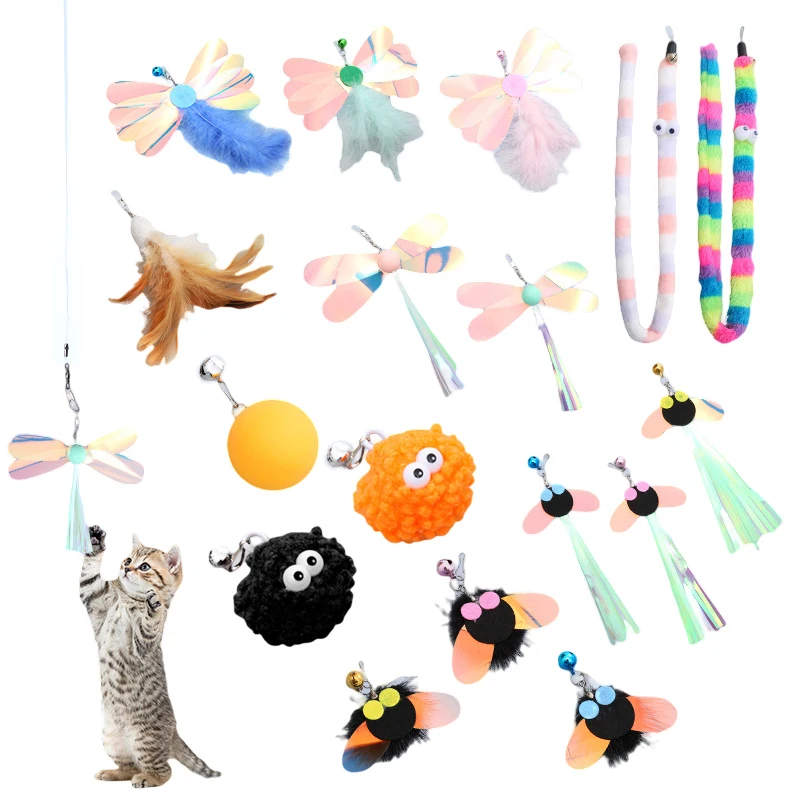 Cat Stick Feather Toys Indoor Cats Pet Toys testa di ricambio per piume paillettes per gatti Feather Teaser Cat Bell Balls Fuzzy Ball Toys