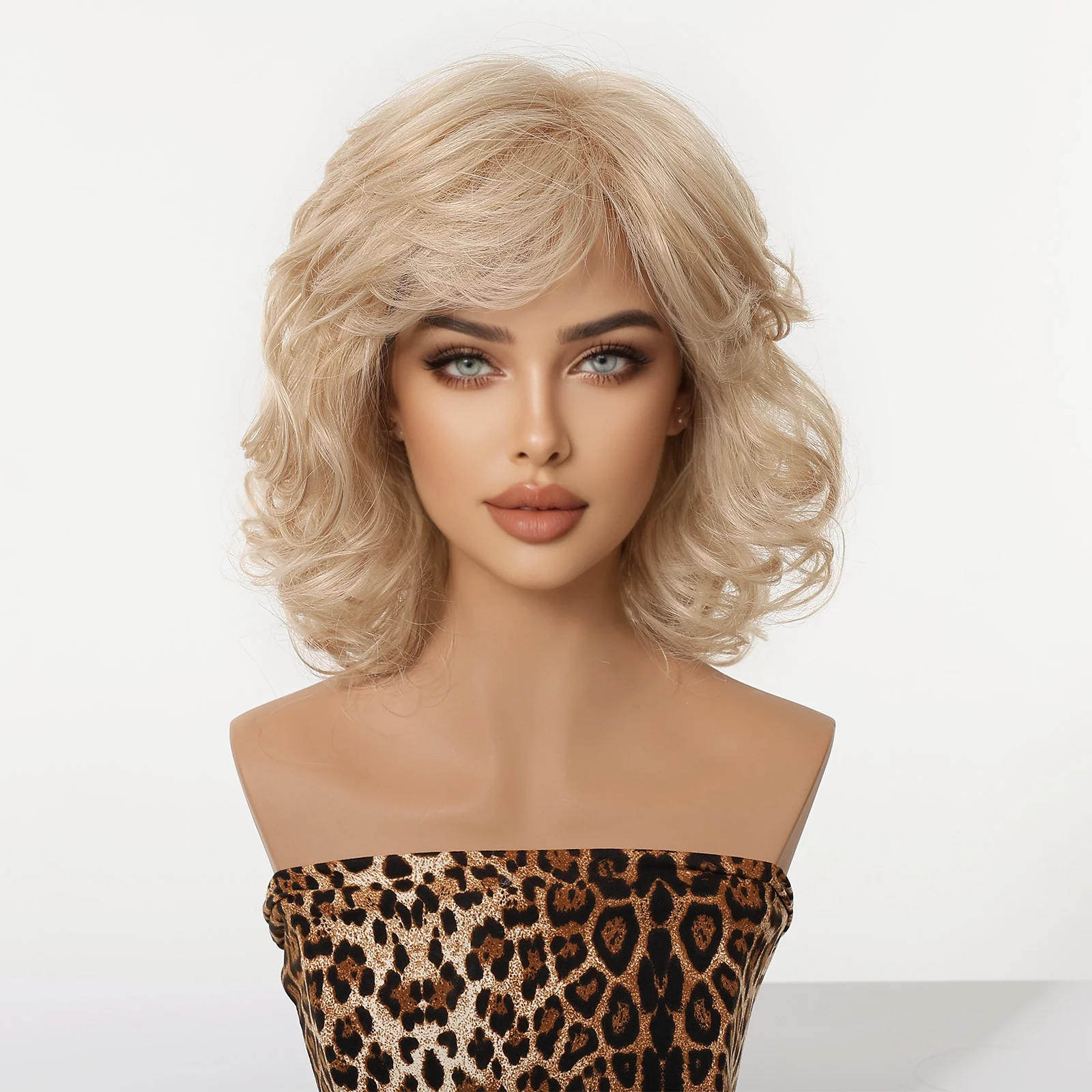 Platinum Blonde Short Wavy Bob Wig with Bangs Heat Resistant Synthetic Fiber Wig for Women Natural Looking Daily Party Cosplay