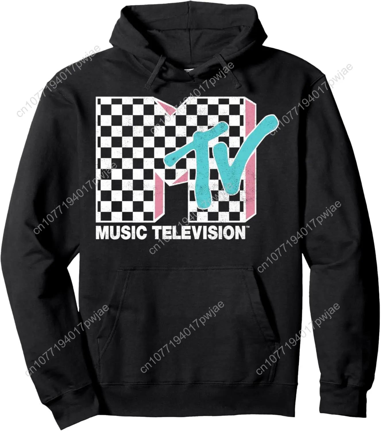

MTV Neon Distressed Checkered Logo Hoodie Pullover Hoodie