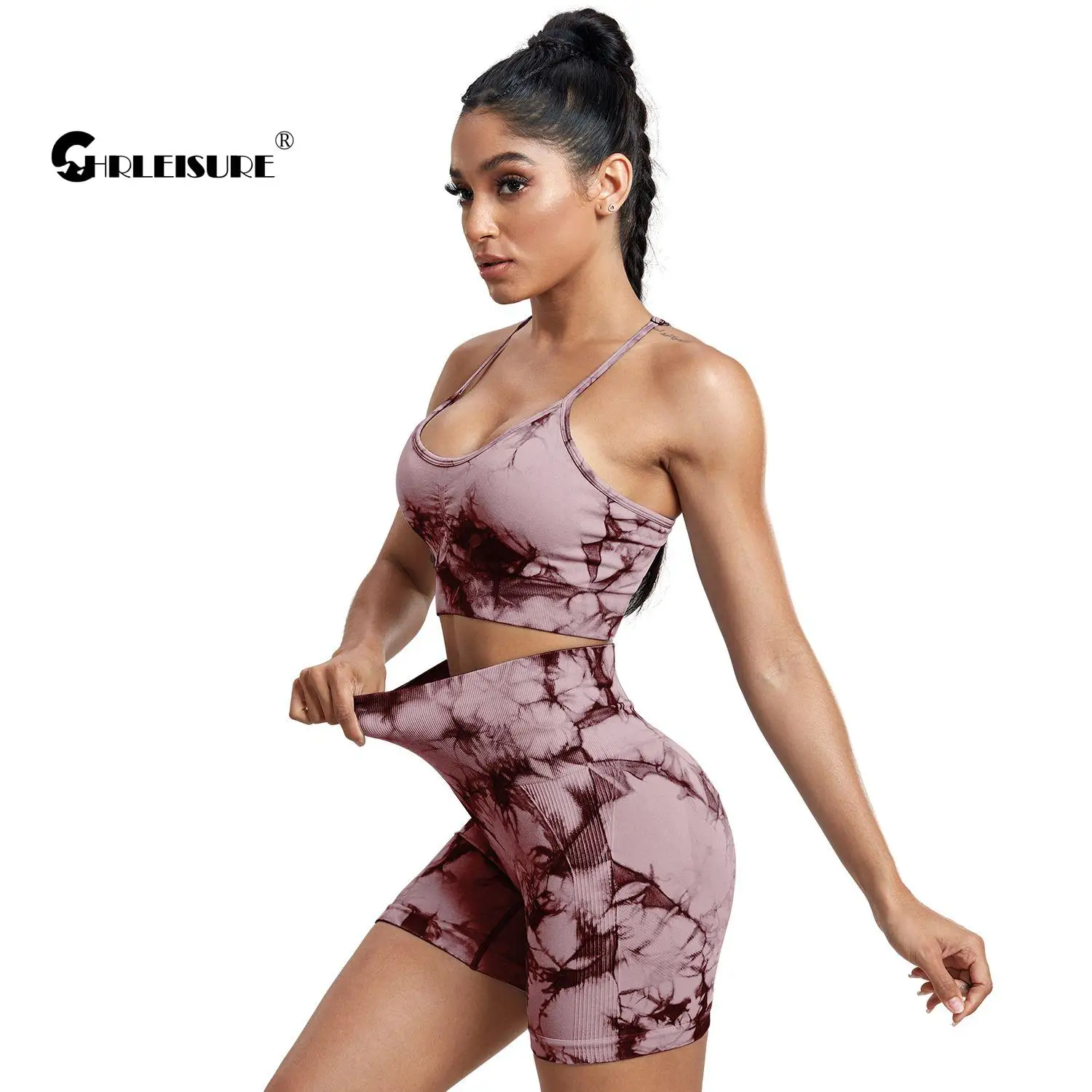 CHRLEISURE Tie Dye Yoga Sets for Women Seamless Sports Outfits Butt Lift Scrunch Cycling Shorts with Fitness Bra Sportswear