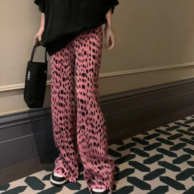 

New Leopard-Print Wide-Leg Pants for Women Summer High-Waisted Flowy Floor-Length Loose-Fit Lightweight Casual Pink Pants