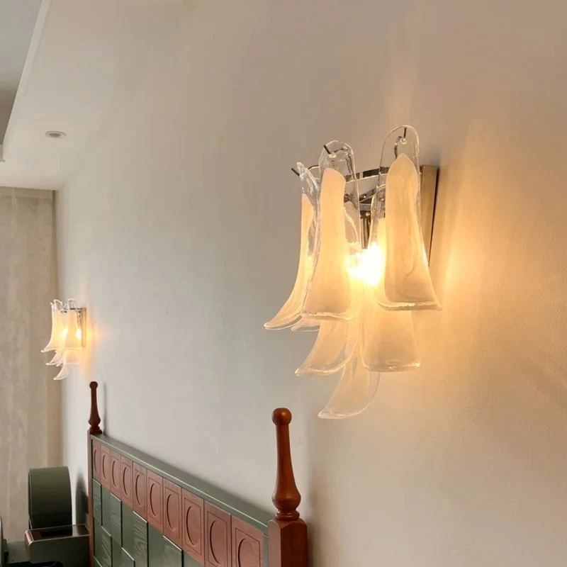 Vintage Cream Cloud White Glass Petal Wall Lamp Bedroom Study Hotel Villa Sofa Background Bedhead LED Luxury Decorative Lighting