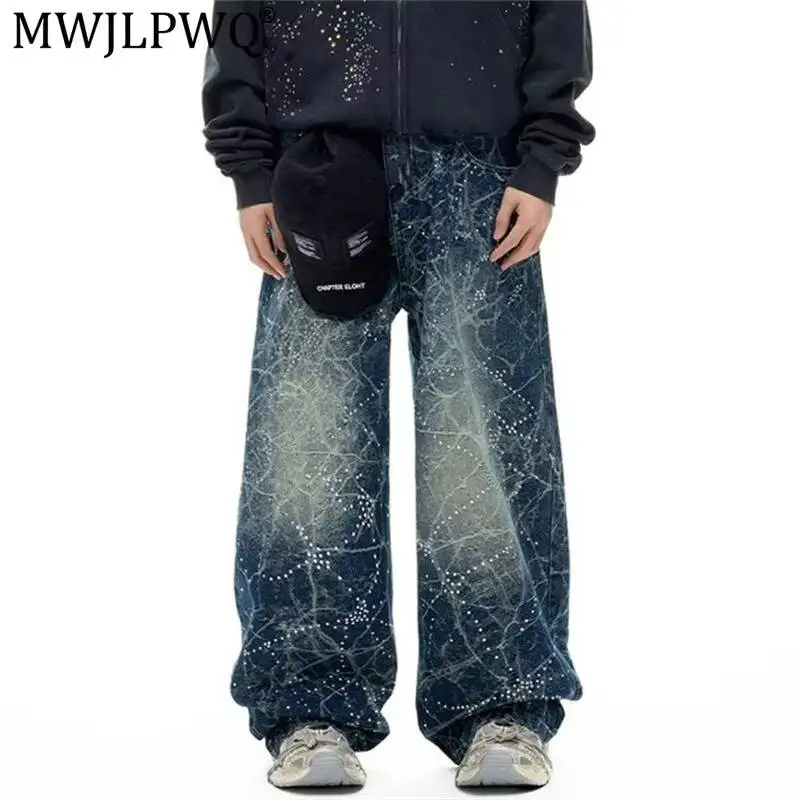 MWJLPWQ Autumn Men' Distressed Denim Jeans Rhinetone Deign High Street Punk Retro Style Wahed Tie-Dyed Wide-Leg Reousers 20134