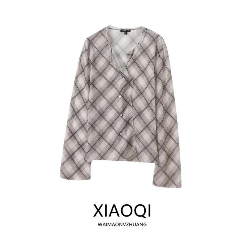 Spring 2025 Women's Semi-Transparent Lightweight Plaid Long Sleeve Shirt Loose Fit Regular Length Premium Quality Ladies' Shirt