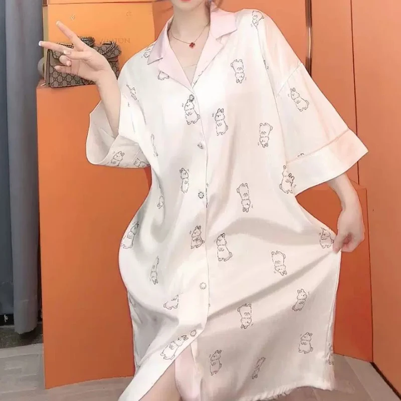 Cartoon Kawaii Cute Lucky Bunny Print Women\'s Sleepskirt French Elegant Herringbone Twill Homeskirt 2024 New Summer Shirt Skirt