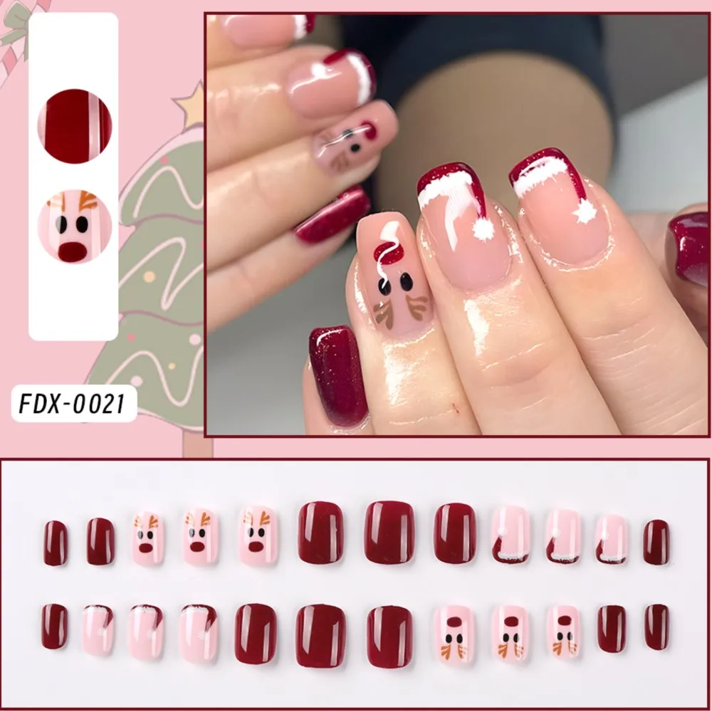 Unhas postiças destacáveis com design de alces, unhas quadradas francesas, cobertura completa pressiona, manicure estender ferramenta, Natal, 24pcs