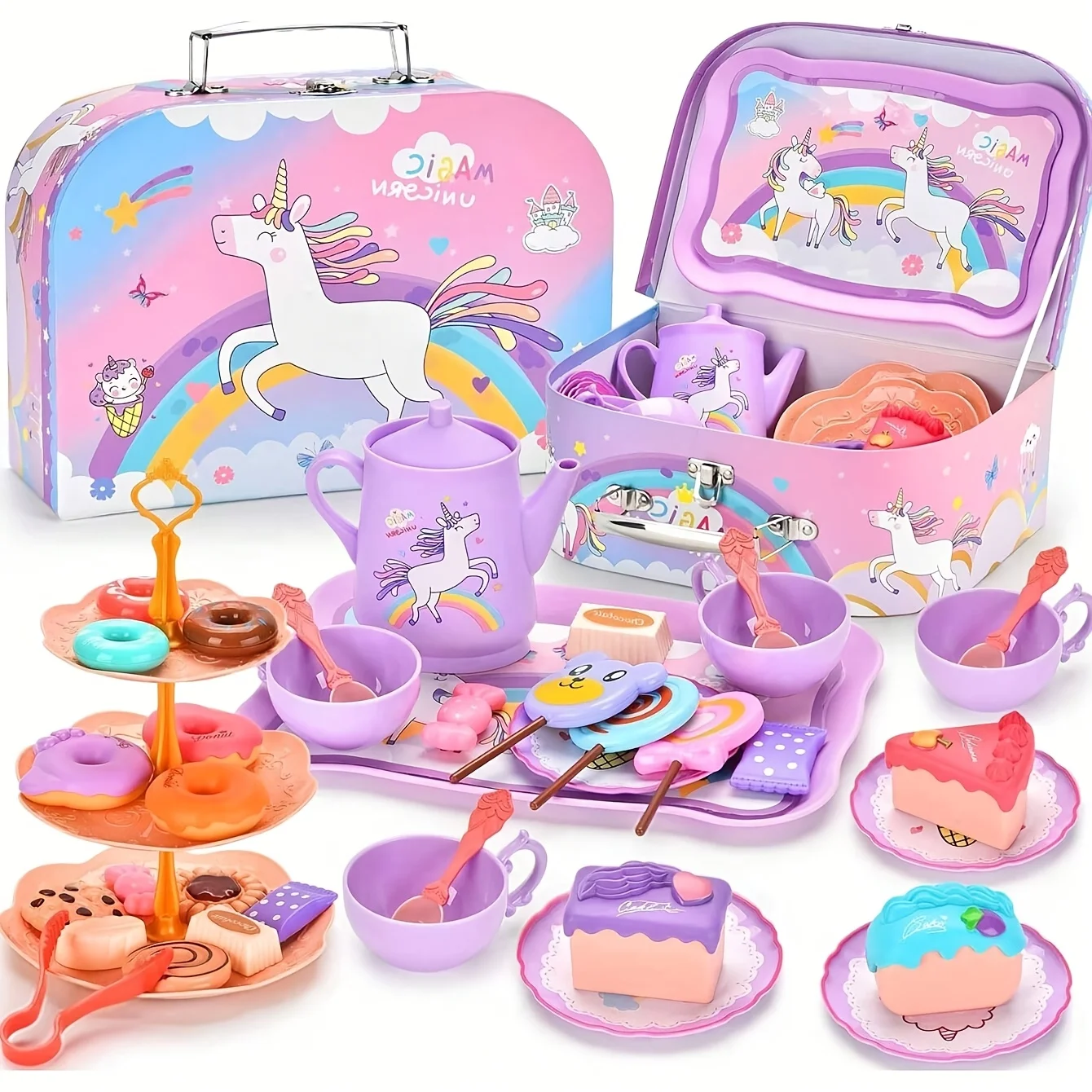 

44Pcs Unicorn Tea Party Set for Girls Age 3+ Princess Tea Time Pretend Play Toys with Teapot Dessert Carrying Case Kids Kitchen