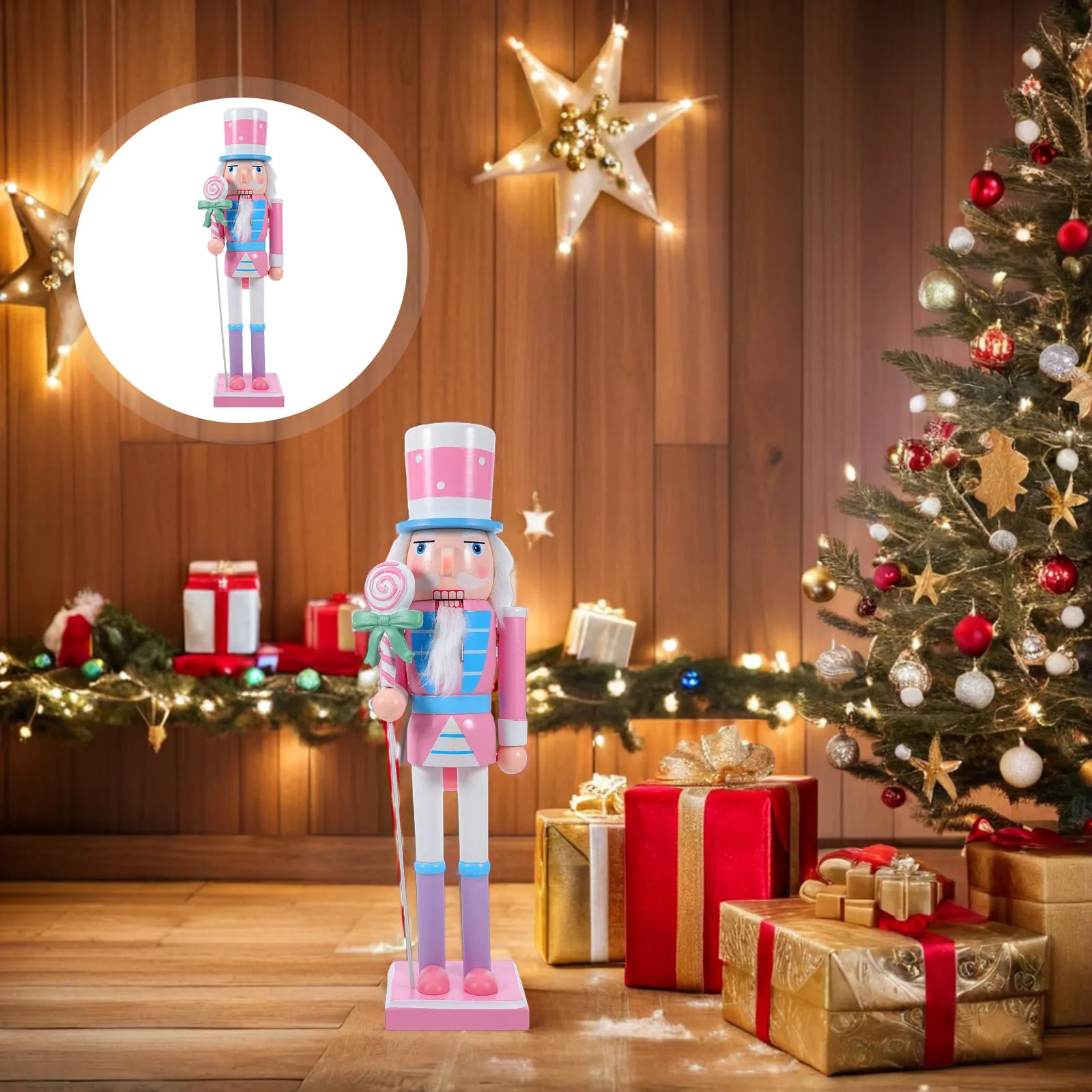 

38Cm Natural Wood Nutcracker Soldier Statue Elegant Handpainted Festive Christmas Decoration for Fireplace Mantel Kitchen Table