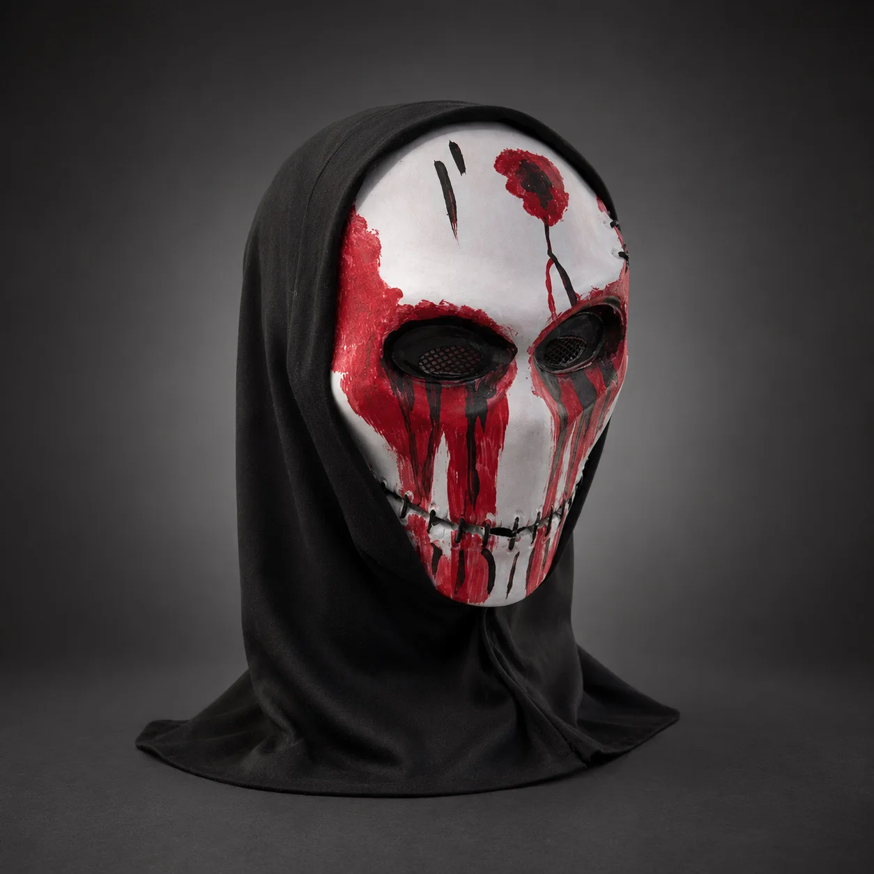 Halloween Scary Stitched Face Latex Mask with Black Cloth Hood, Terrifying Cos Prop for Haunted House, Escape Room & Theme Party