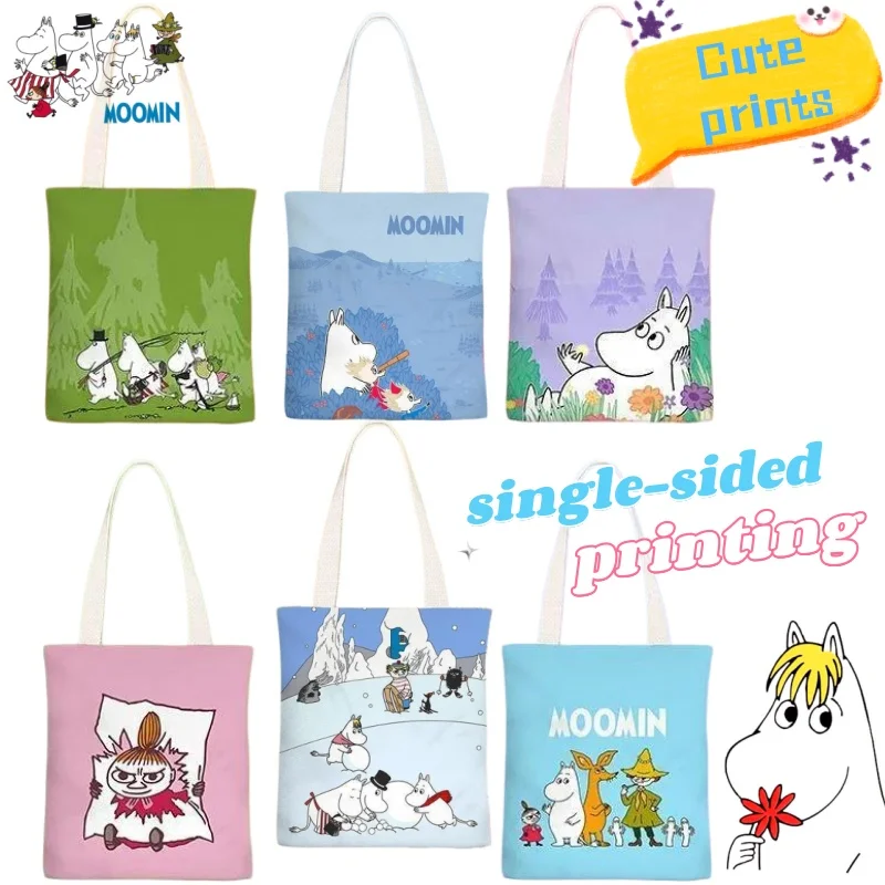 Moomin Family Anime Casual Canvas-Tasche, einseitiger Druck, Damen-Umhängetasche, einfache Canvas-Tragetasche für Studenten und Nachhilfelehrer