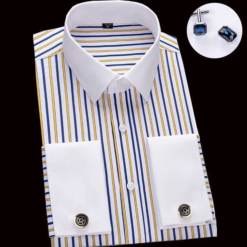 Men\'s French cufflink shirt with slim fit and contrasting color collar, Windsor collar, striped formal long sleeved shir