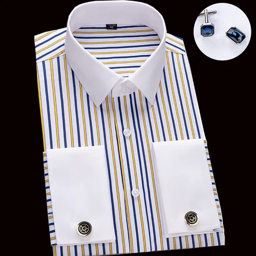 Camisa francesa con gemelos para hombre, corte ajustado y cuello de color contrastante, cuello Windsor, camisa formal de manga larga a rayas
