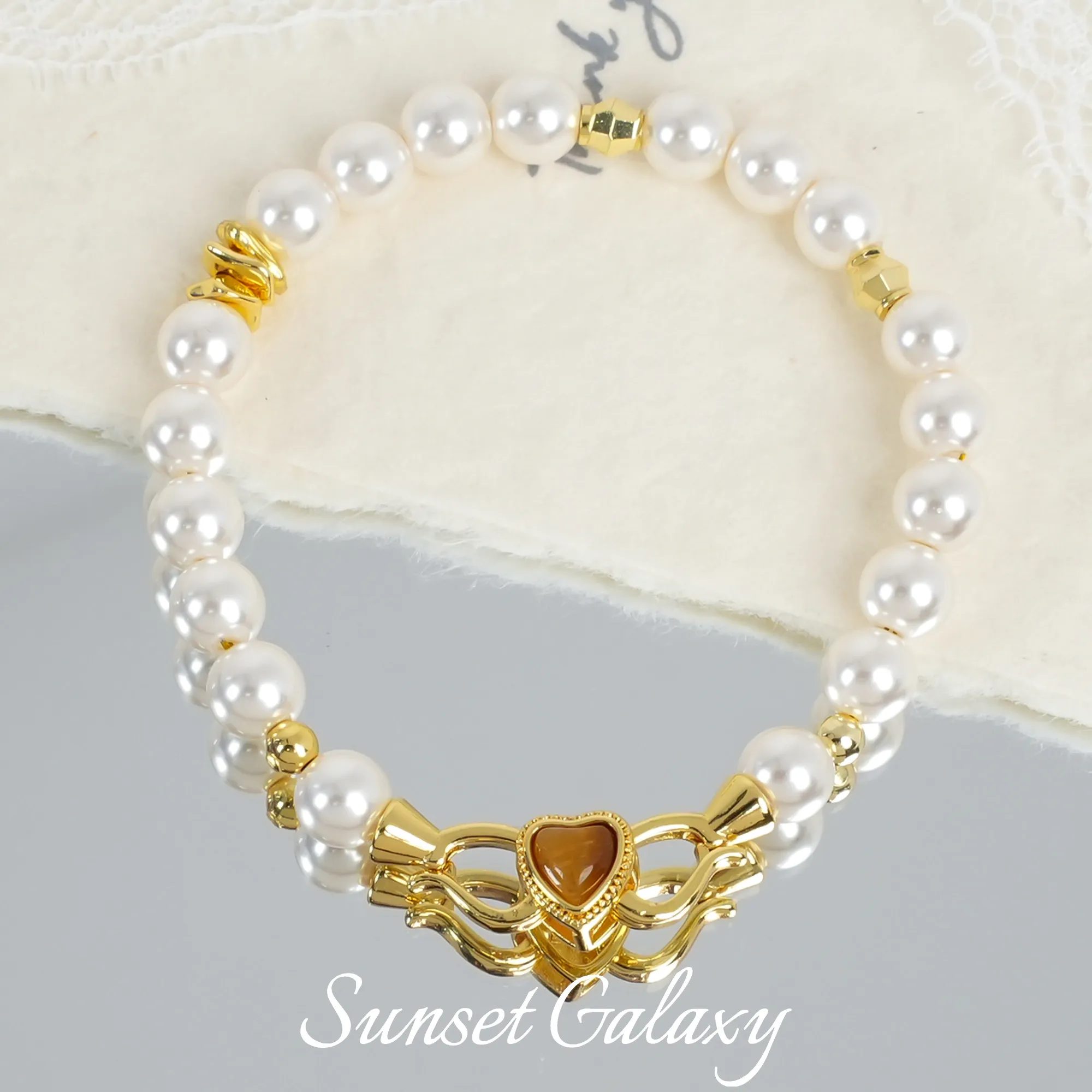 18K Gold Plated Tiger Eye Stone Heart Pearl End Clasp DIY Bracelet Necklace Jewelry Findings
