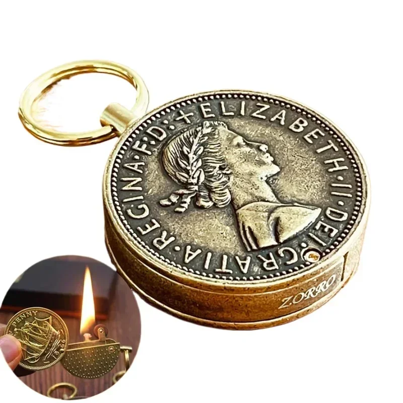 

New Vintage Coin Pendant Kerosene Lighter Windproof Creative Old-fashioned Grinding Wheel Portable Mini Lighter Men's Tool