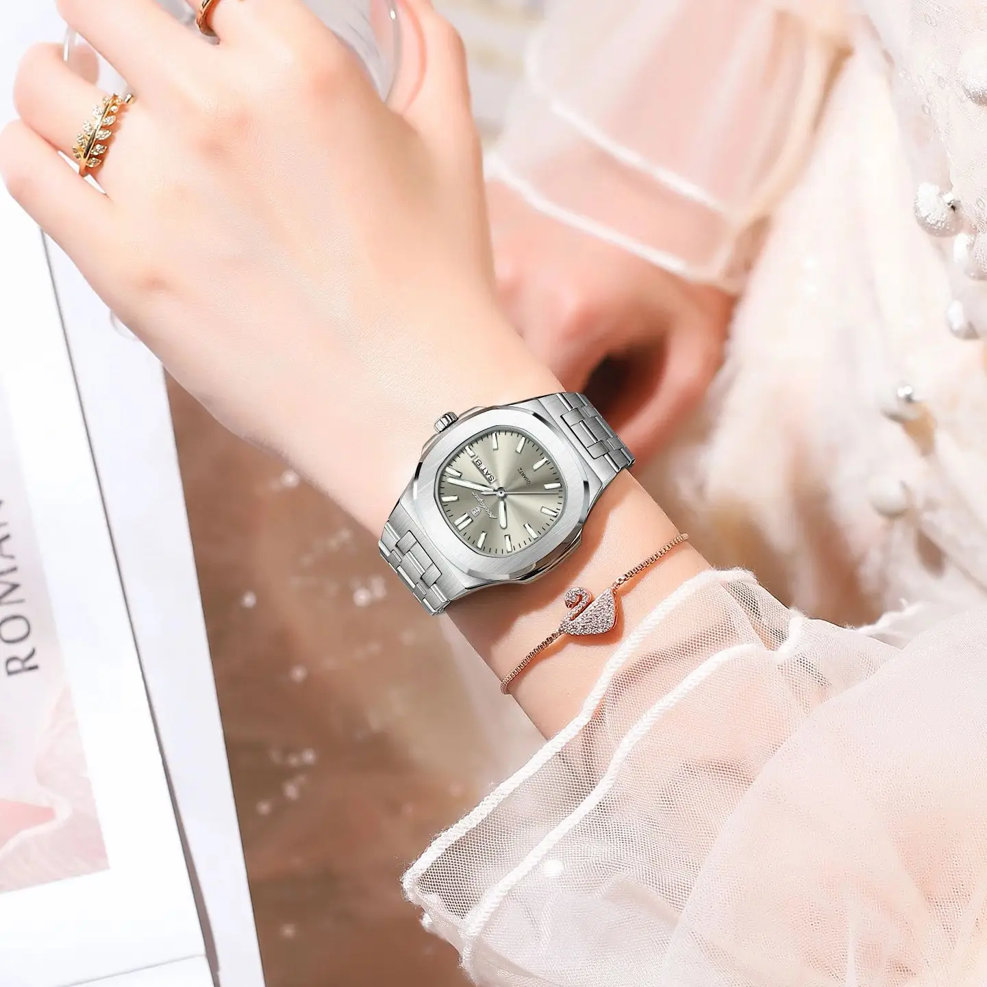 포에다가 여성용 탑 오리지널 시계 야광 날짜 요일 사각 여성 시계 스테인리스 스틸 쿼츠 여성 시계 여성용 렐로즈