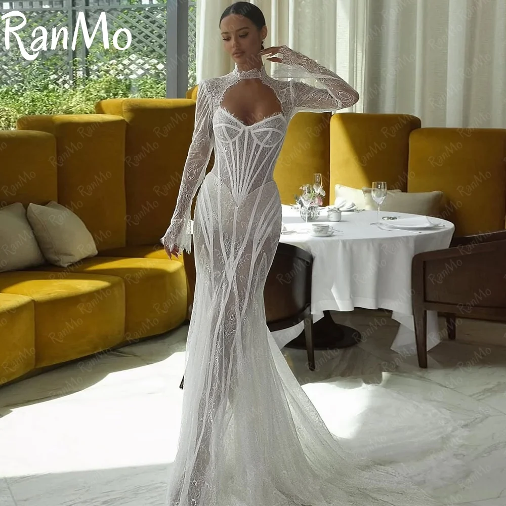 Ranmo New 2025 White Wedding Dress High Neck Mermaid Full Sleeve Lace Wedding Bridal Gown Luxury Boho Court Tain  Customised
