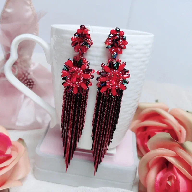 2024 Bohemian Retro Ethnic Flowers Tassel Earrings Handmade Jewelry Exaggerated Long Earrings for Women