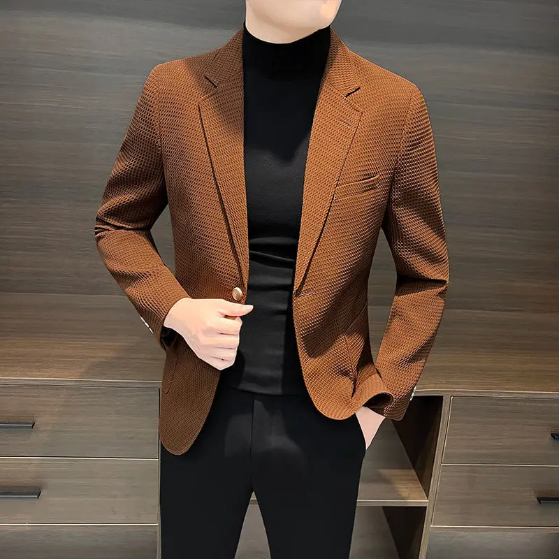 Thin Male Blazer Slim Fit White Waffle Men\'s Suit Jackets Single Breasted Vintage Casual Clothing Coat Fashion 2024 Simple New