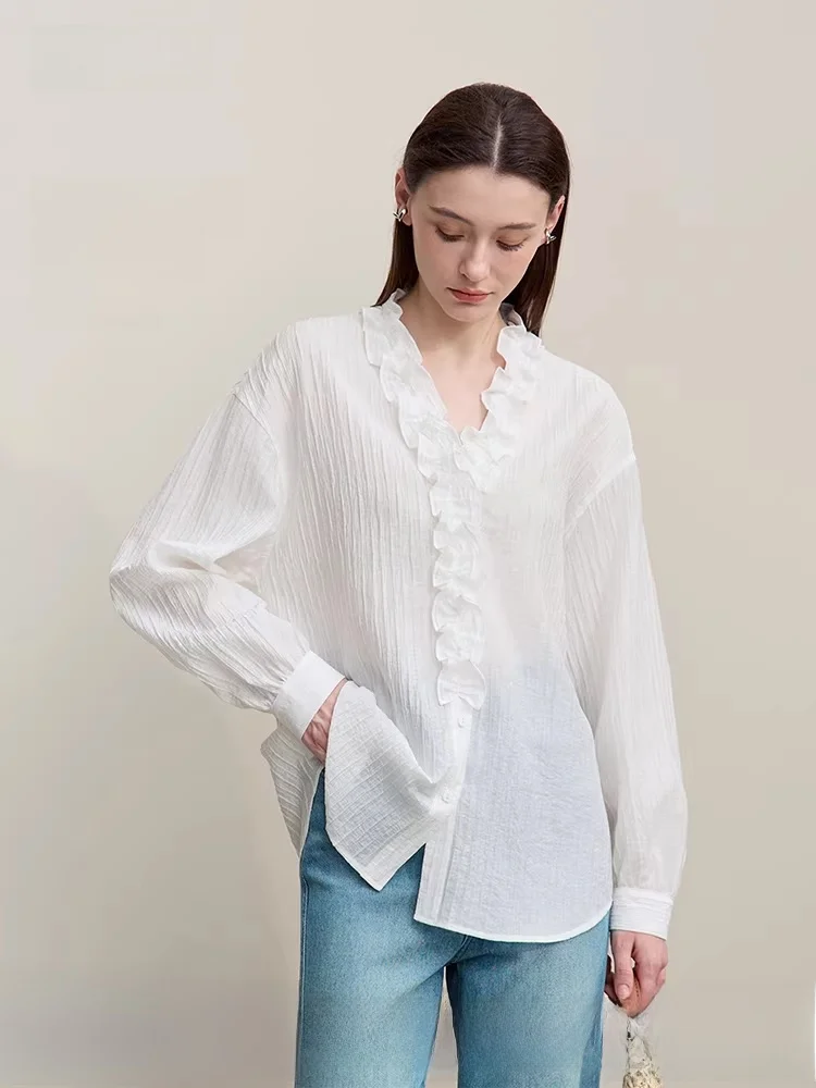 

Romantic V-Ne Acetate Lyocell irt Women's Textured Gauze Ear Look Top Spring New Sle Commute Nylon Blend Long Sve