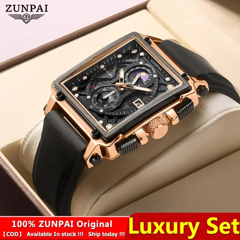 ZUNPAI Original Watch for Men\'s Waterproof Stainless Steel Leather Strap Quartz Fashion Sports Chronograph Square Wristwatches