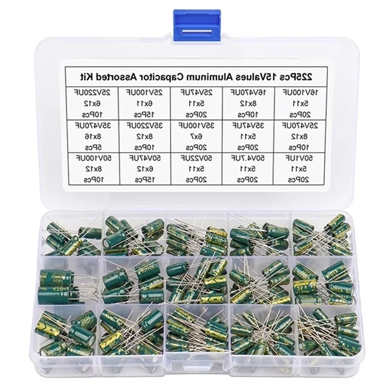 T24C For DIY Projects 225Pcs Aluminum Electrolytic Capacitors High-Frequency Through-Hole Assortment Kit- 15 Values
