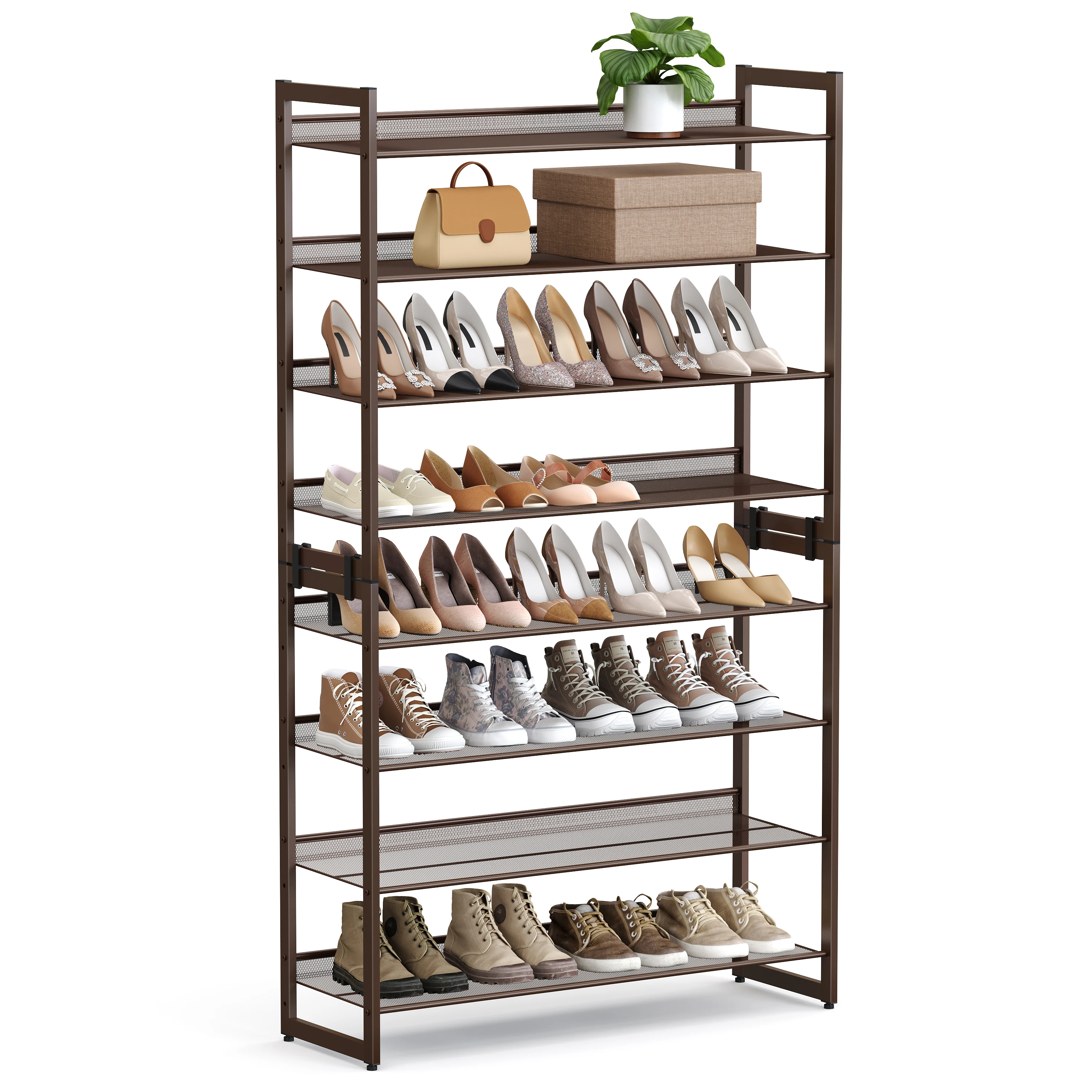 SONGMICS Shoe Rack, 8-Tier Shoe Organizer, Metal Shoe Storage for Garage, Set of 2, 4-Tier Stackable Shoe Shelf