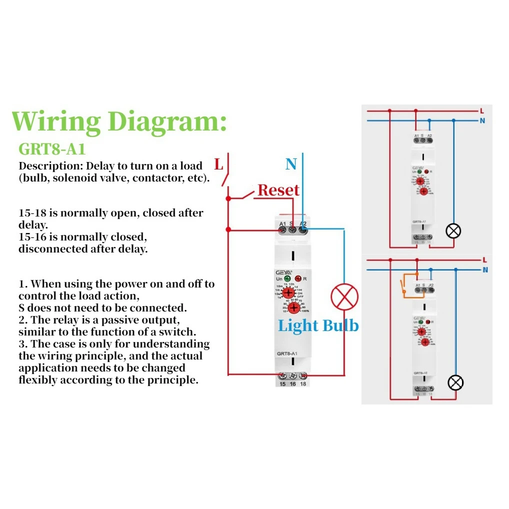 GEYA Delay Timer Switch AC/DC 12V-240V Mini Power on Delay Time Relay DIN Rail Type GRT8-A1