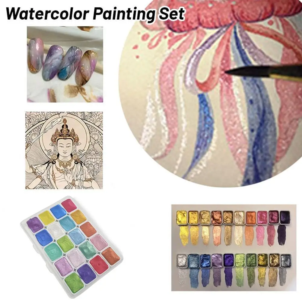 

20Color Metal Watercolor Painting Set: Portable Box Embedded with Glittering Pearl Solid Watercolors & Complete Art Supplies