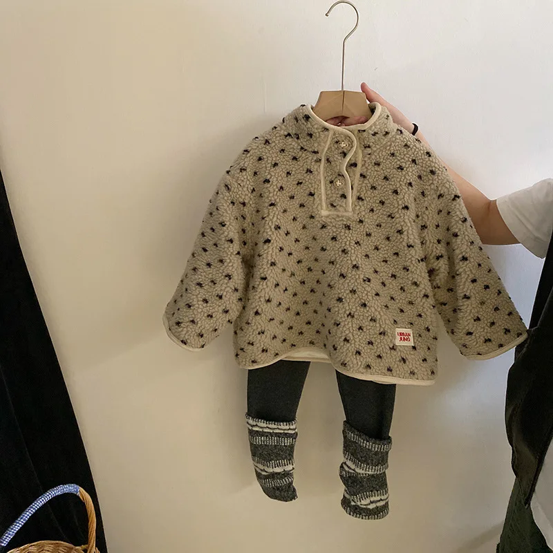 Ensemble deux pièces pour enfants, sweat à capuche et leggings, bébé fille, agneau, pois, sourire, coréen, trempé, nouveau, hiver, 2024