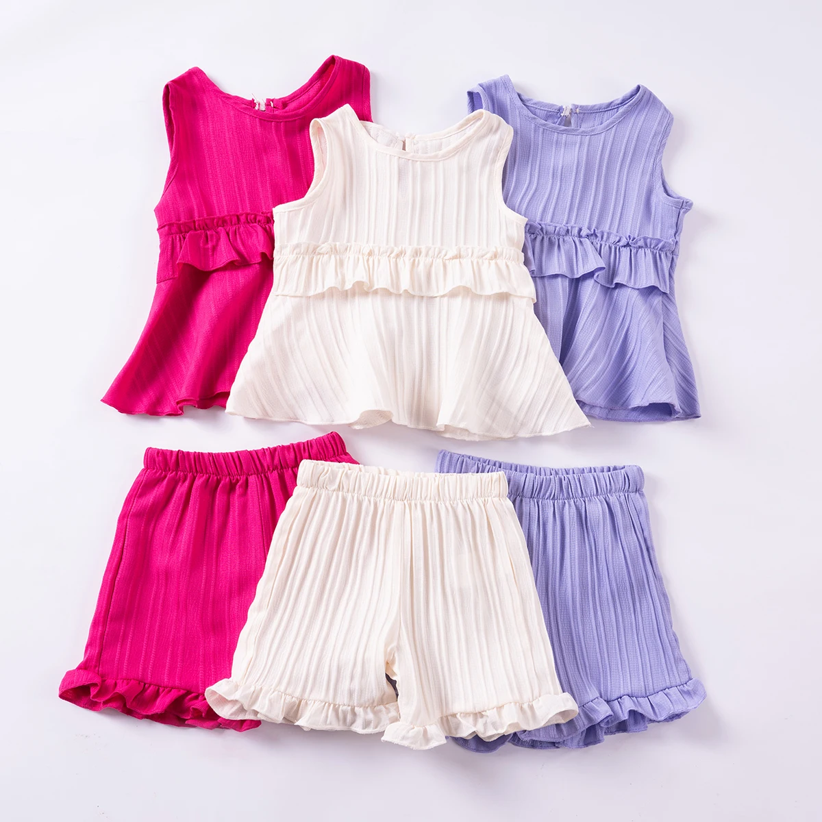 2024 New Toddler Girls Ruffle Suit Solid Sleeveless Round Neck Ruffle Shorts 2pcs Children\'s Clothing Sets Casual Comfortable