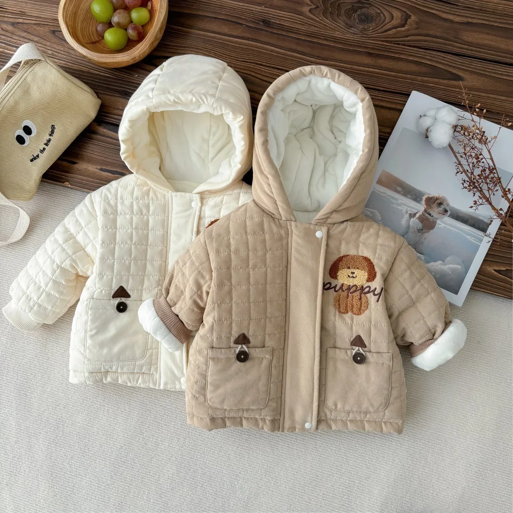 UNIFEMEN Baby Winter Parkas Thick Cotton Stylish Little Dogs Plush Infant Boys Jackets Warm Hooded Todddler Boys Outdoor Wear