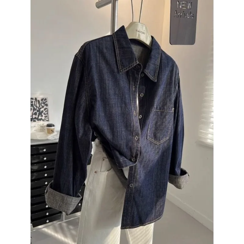 

Korean Retro Style Dark Blue Lapel Long-sleeved Denim Shirt Women's Loose Lazy Top Autumn New Style