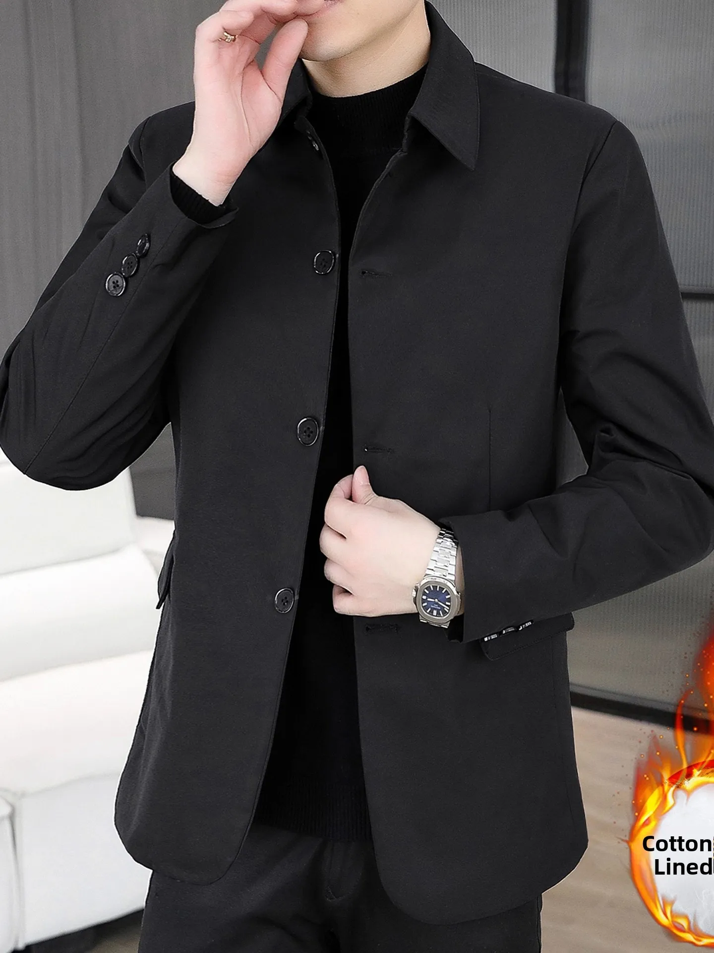 

Новая мужская зимняя куртка-пальто Zhongan 2025 года из утепленного хлопка, однотонная, повседневная, с воротником, для молодежи, деловой стиль