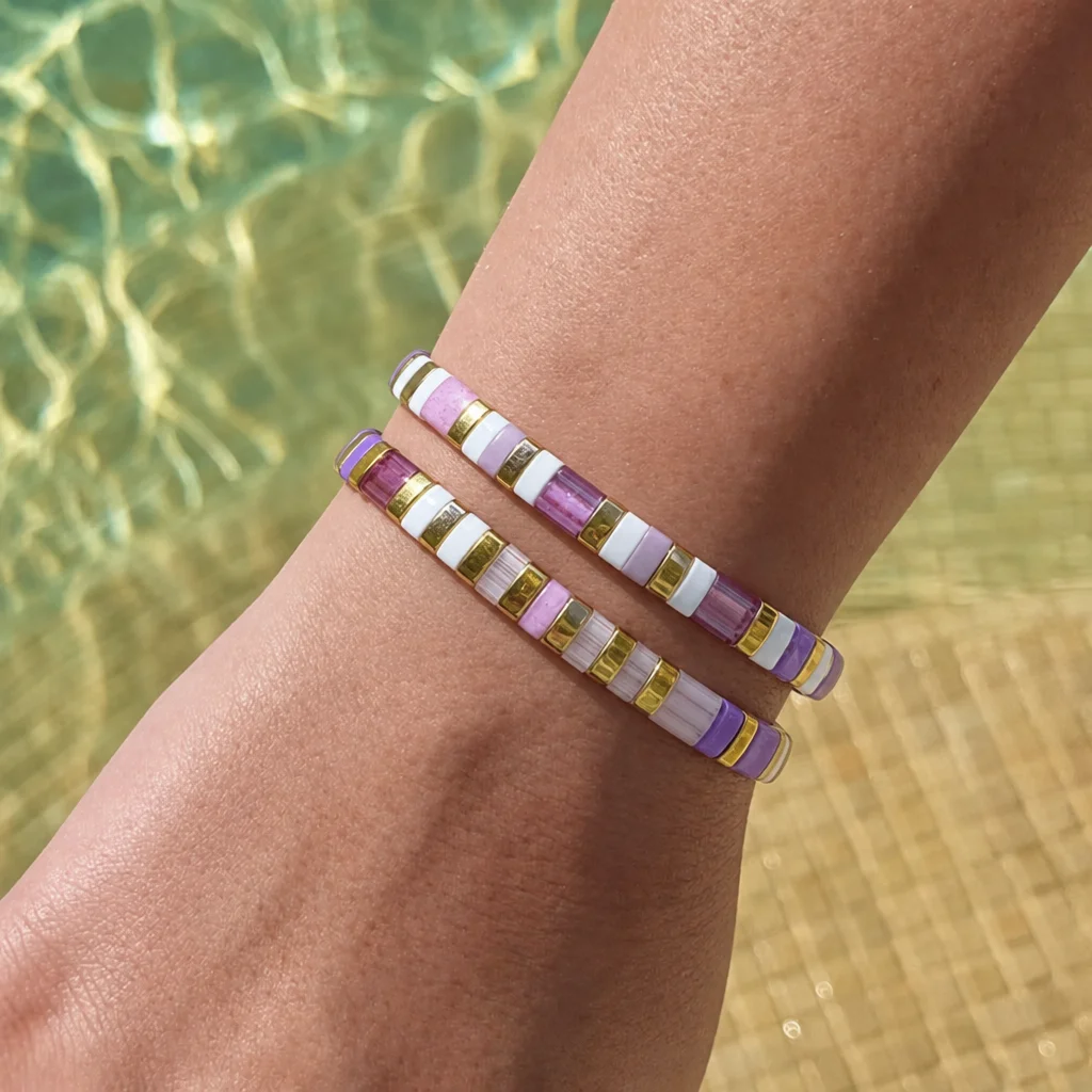 2pcs Geometric Stone Beaded Bracelet Purple White Color Block Tile Stretch Bracelet Trendy Summer Beach Style for Women