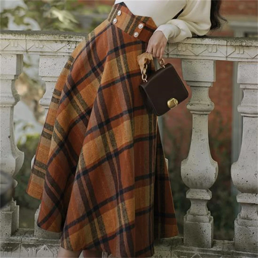 Autumn and Winter Vintage High Waist plaid Skirt Fashion vestido longo evangelico lady