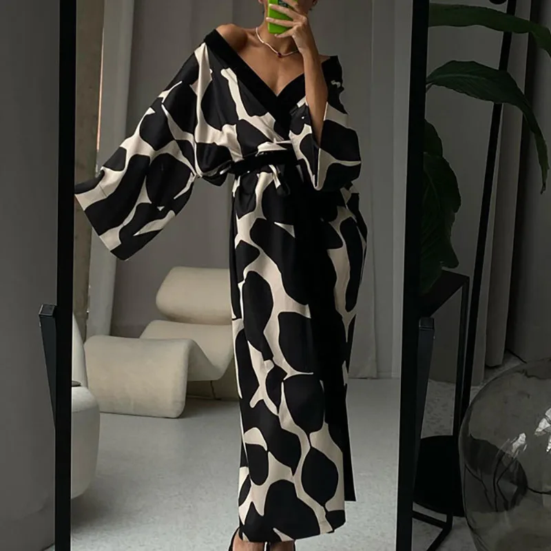 Casual 3/4 Sleeve Loose Pajamas Long Dress Women Fashion Pattern Printed Robe Dress Elegant Lace-up Homewear Satin Party Dresses