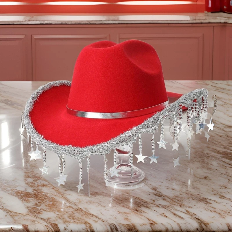 Glitter Sequins Trim Cowgirl Hat for Girl Breathable Cowboy Hat with Star Tassels Banquets Carnivals Photography Hats