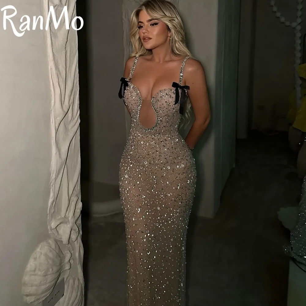 

Ranmo Illusion Mermaid Evening Dress Strapless Sleeveless Crystal Beaded Prom Gowns Luxurious Sweep Train Party Dress Customized