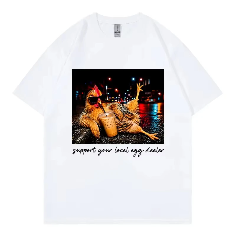 Chicken Drinking Iced Coffee Funny Graphic T Shirts Men Women Casual Fashion T-shirts Summer 100%cotton Loose T-shirt Streetwear