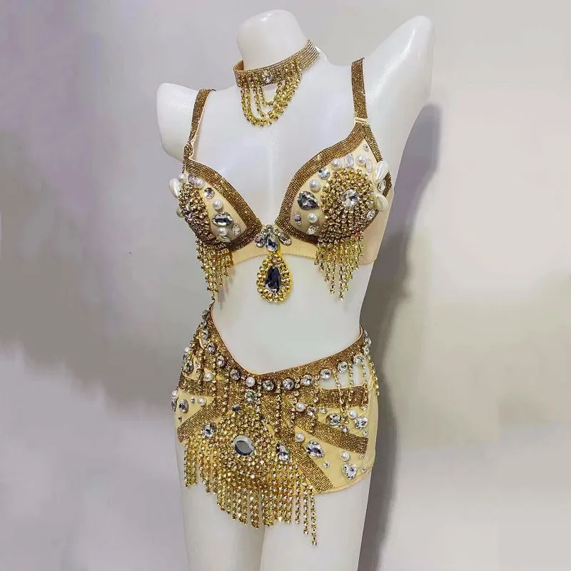 

Sexy DJ Belly Dance Gold Rhinestones Beading Bikini Set Nightclub Bar Pole Dancing Costume Women Club Party Festival Rave Outfit