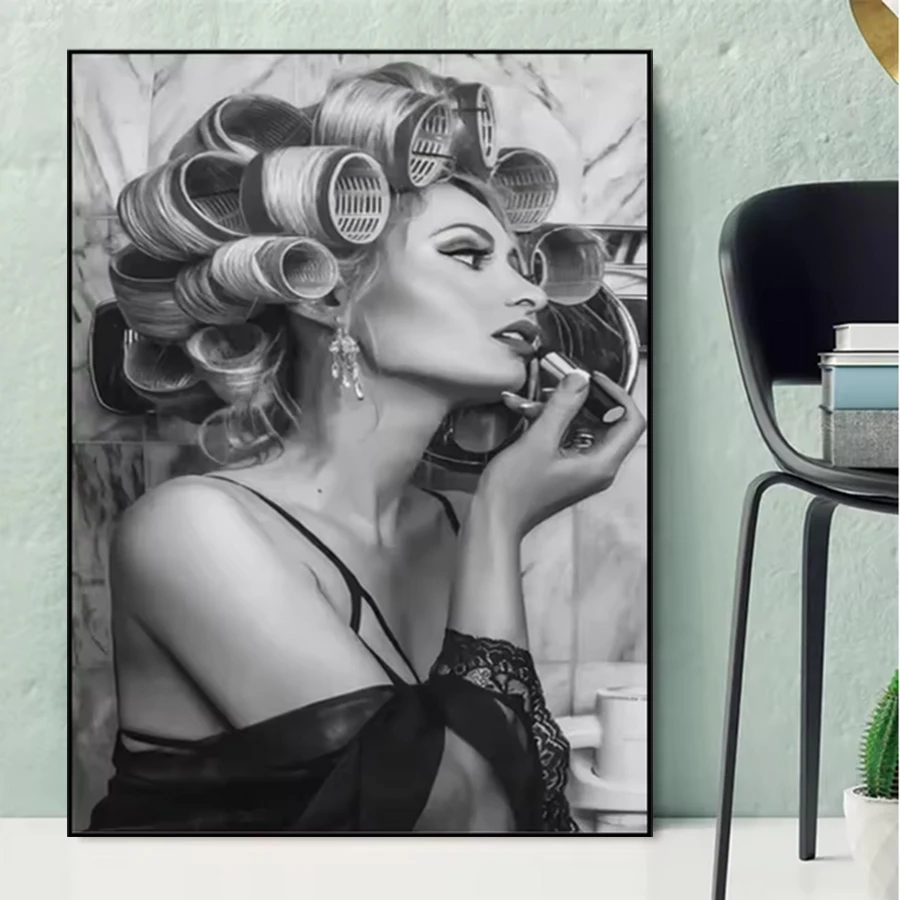 5D DIY Full Retro Hair Salon Diamond Painting Kits Black And White Curled Beauty Girl Cross Stitch Set Bedroom Decoration