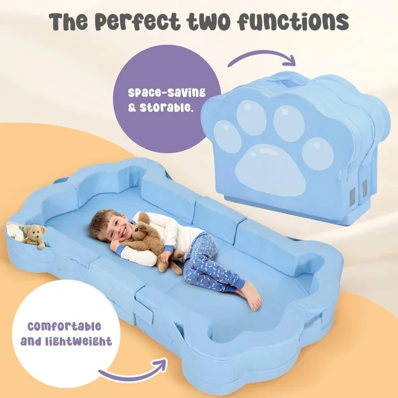 Foldable Portable Toddler Travel Bed Soft Foam Floor Bed with Washable Cover Safe Kids Sleeping Cot Blue
