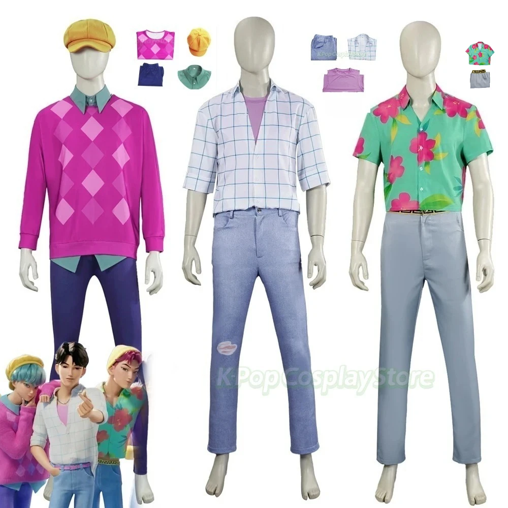 

Anime Movie Demon Hunters Jinu Cosplay Costume Wig White Plaid Shirt Pants Full Set For Men Women Saja Boys K-pop Carnival Party